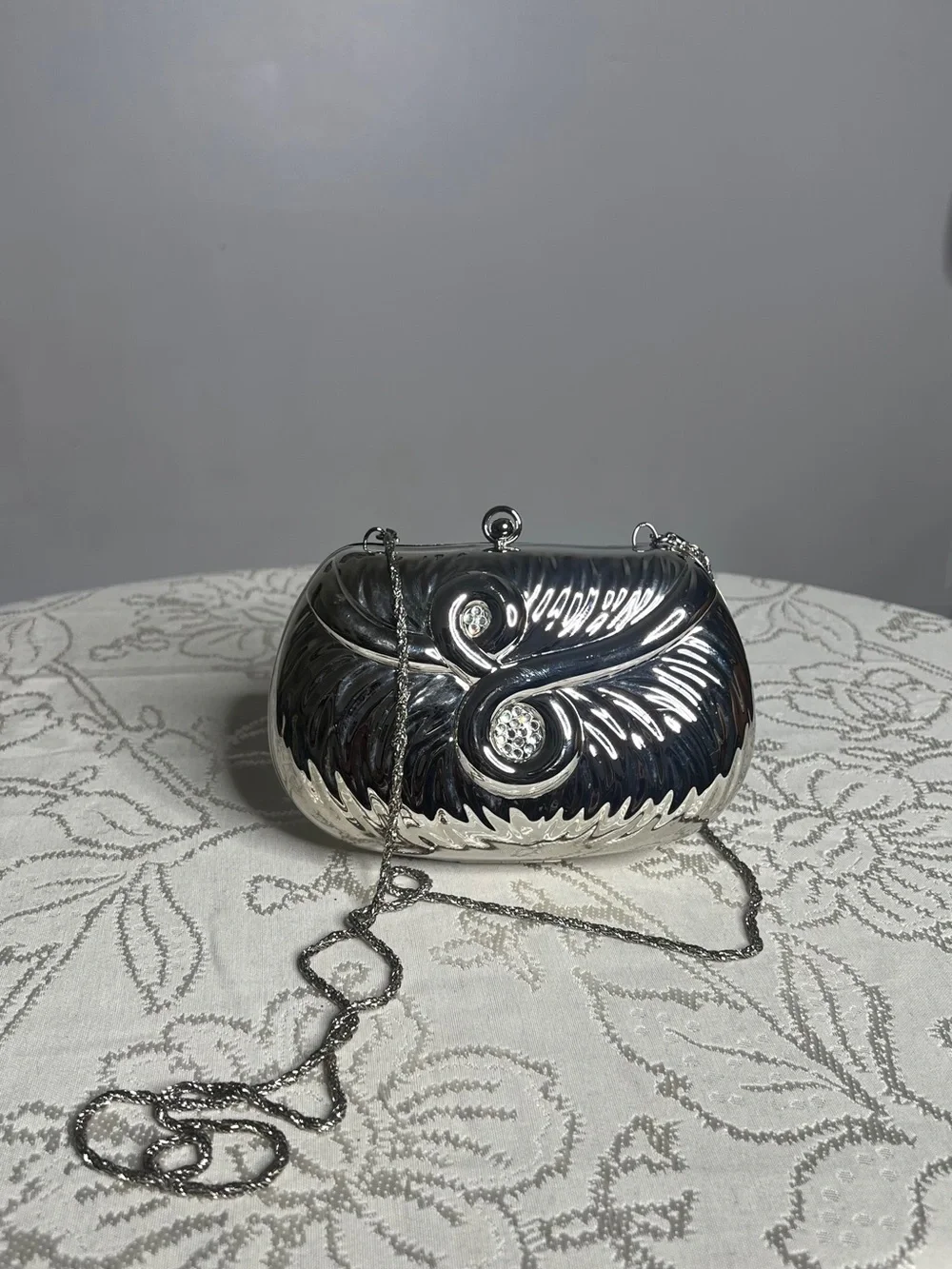 Vintage Le-Ann Metallic Silver Evening Clutch with Crystal Detail